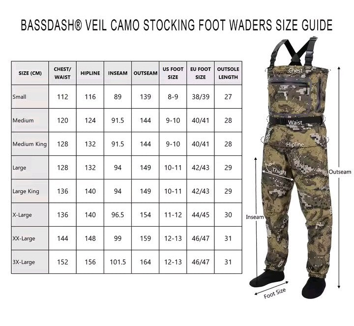 Bassdash® Veil Camo – Waders Professionali Traspiranti a Salopette (Stocking Foot)